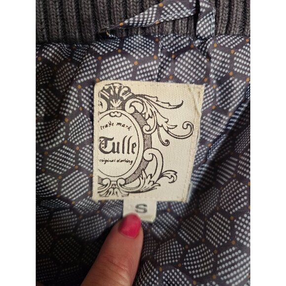 Tulle Gray Mid Length Wool Blend Removable Hood Coat. Decorative Lining, Size S - Picture 9 of 10